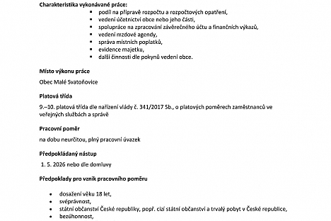 Pracovní nabídka z Malých Svatoňovic